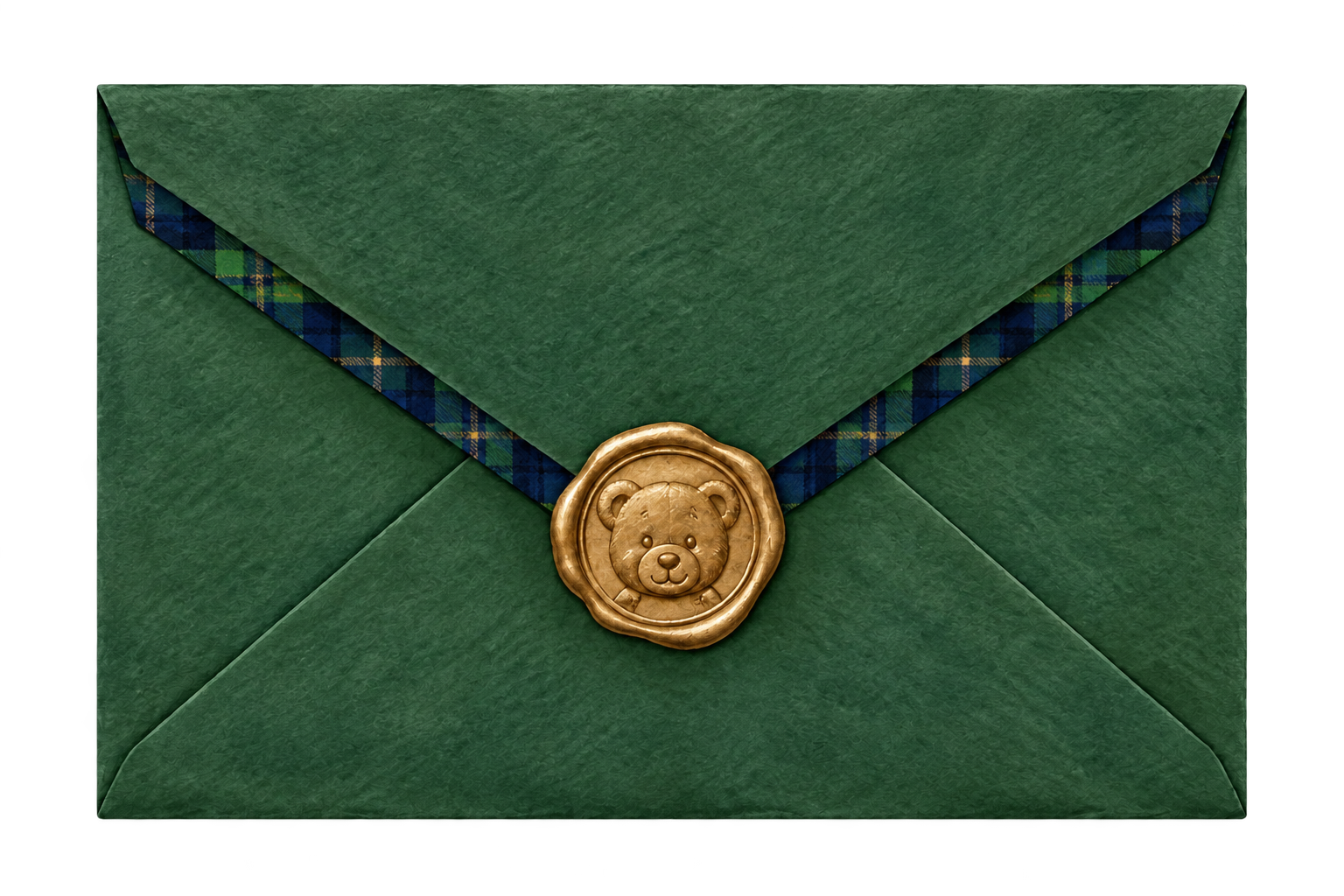 Forest-green envelope with a gold teddy bear seal